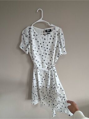 DKNY White Dress with Navy Dot Print and Tie Waist